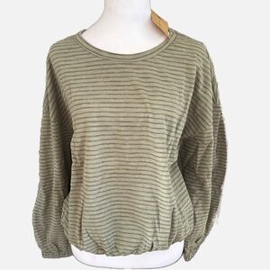 Knot Sisters Revolve Olive Striped elastic waist crew neck relaxed fit top